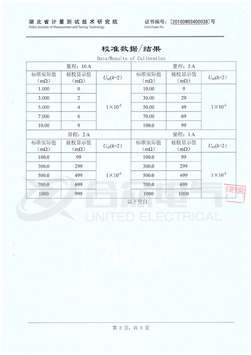 接地引下線導(dǎo)通電阻測(cè)試儀證書(shū)